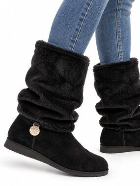 Stuart Weitzman Furever Boots Womens 7.5N Black Suede Faux Fur Winter